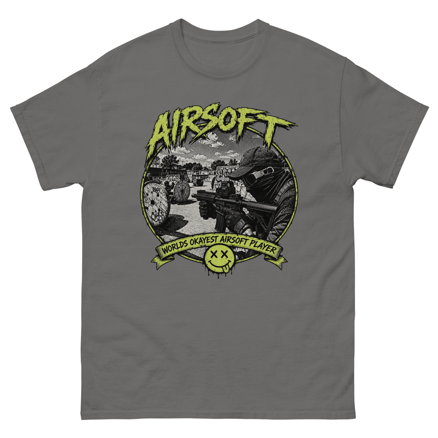 Airsoft World’s Okayest Player Tee Charcoal - Kirik Motorsports