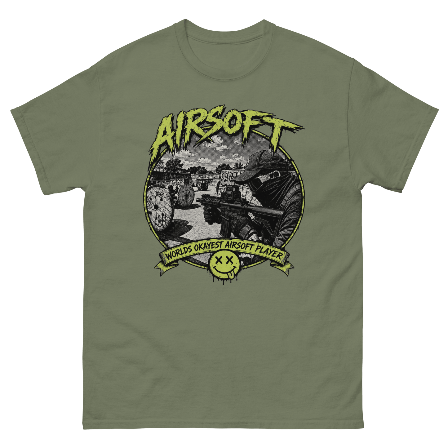 Airsoft World’s Okayest Player Tee Military Green - Kirik Motorsports