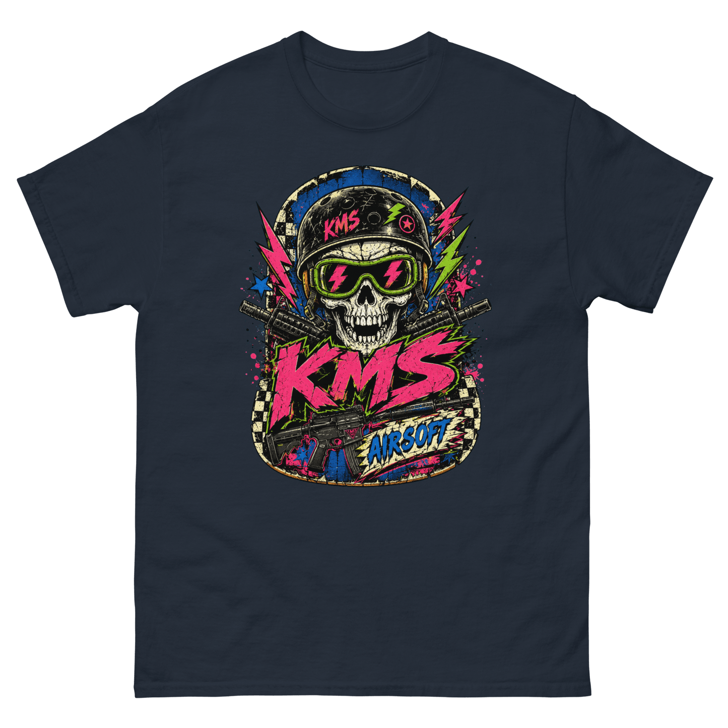 KMS Airsoft Neon Skull Tee Navy - Kirik Motorsports